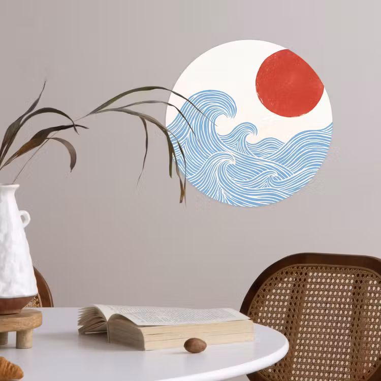 Zon - Golven - Oceaan - Abstract - Rood Wandcirkel behangsticker klein -sfeer3