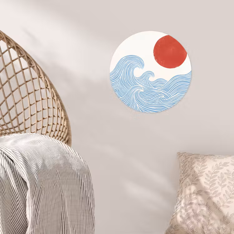 Zon - Golven - Oceaan - Abstract - Rood Wandcirkel behangsticker klein -sfeer4