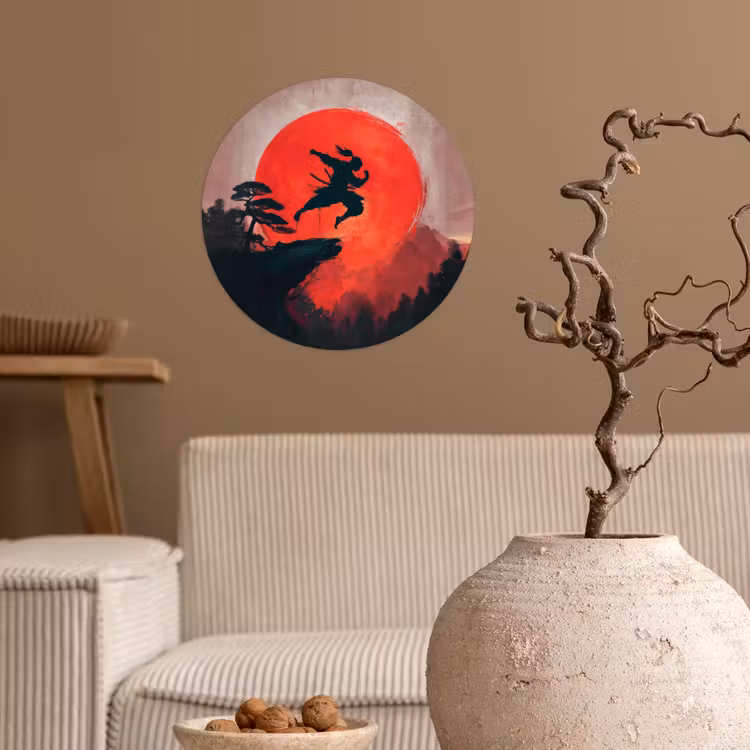 Zon - Krijger - Bomen - Bergen Wandcirkel behangsticker klein -sfeer1