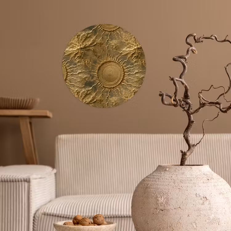 Zon - Reliëf - Antiek - Goud Wandcirkel behangsticker klein 186 -sfeer1
