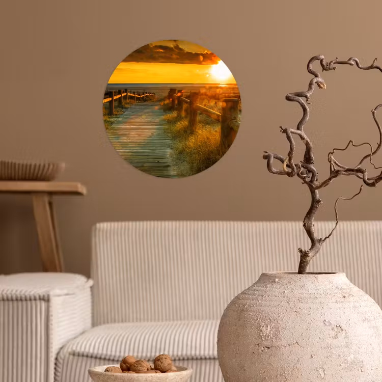 Zon - Strand - Duin - Horizon - Gras - Pad - Oranje Wandcirkel behangsticker klein -sfeer1