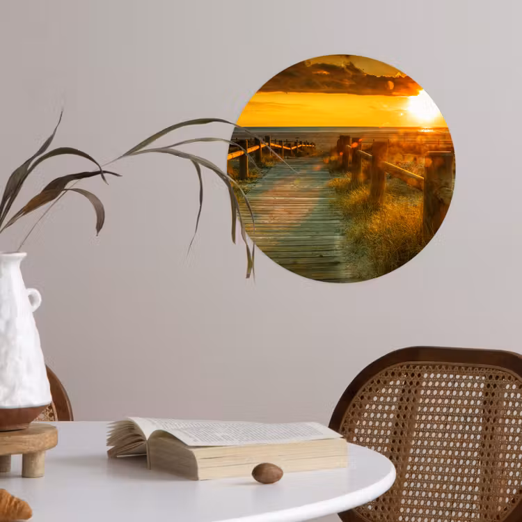 Zon - Strand - Duin - Horizon - Gras - Pad - Oranje Wandcirkel behangsticker klein -sfeer3
