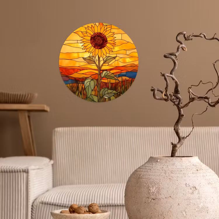 Zonnebloem - Mozaïek - Zonsondergang - Geel Wandcirkel behangsticker klein -sfeer1