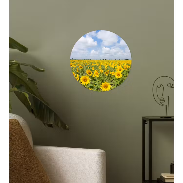Zonnebloemen - Bloemen - Wolken - Natuur - Geel - Landschap Wandcirkel behangsticker klein -sfeer2