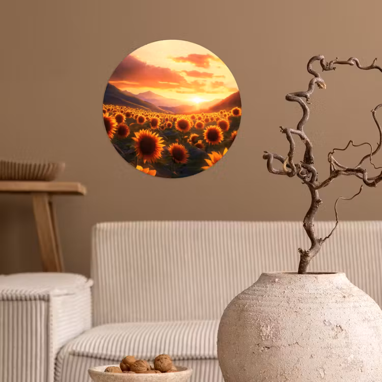 Zonnebloemen - Zonsondergang - Landschap Wandcirkel behangsticker klein -sfeer1