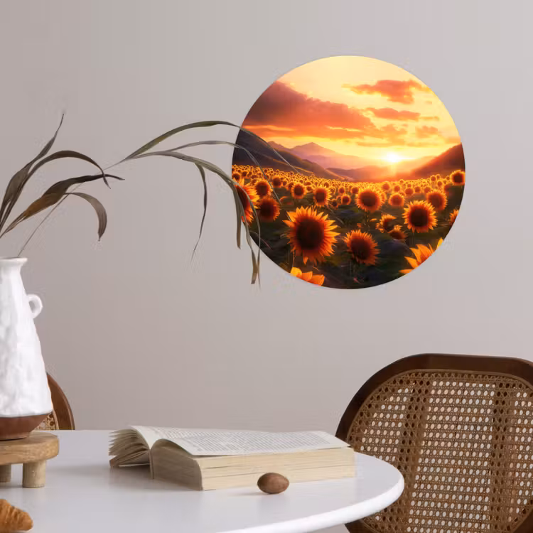 Zonnebloemen - Zonsondergang - Landschap Wandcirkel behangsticker klein -sfeer3