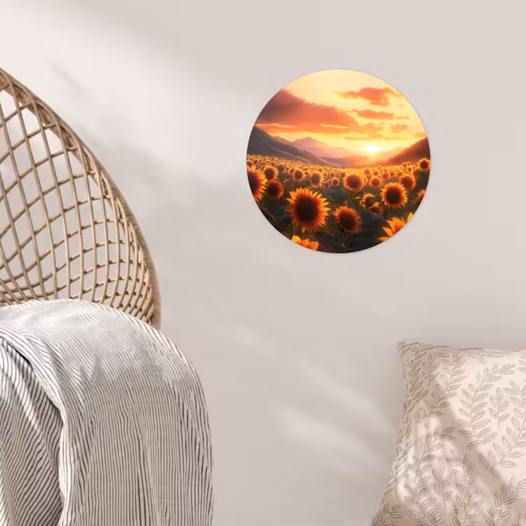 Zonnebloemen - Zonsondergang - Landschap Wandcirkel behangsticker klein -sfeer4