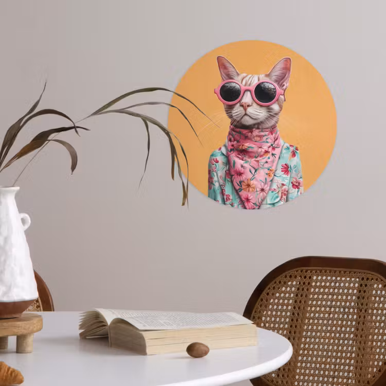 Zonnebril - Kat - Sjaal - Bloemen Wandcirkel behangsticker klein -sfeer3