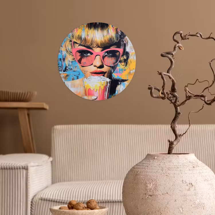 Zonnebril - Vrouw - Kleurrijk - Verfspetters Wandcirkel behangsticker klein -sfeer1