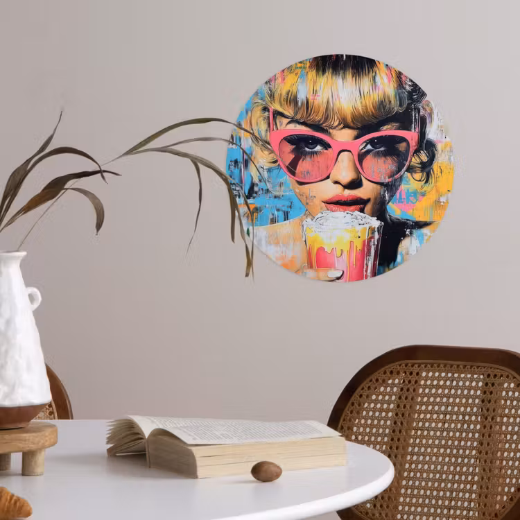 Zonnebril - Vrouw - Kleurrijk - Verfspetters Wandcirkel behangsticker klein -sfeer3