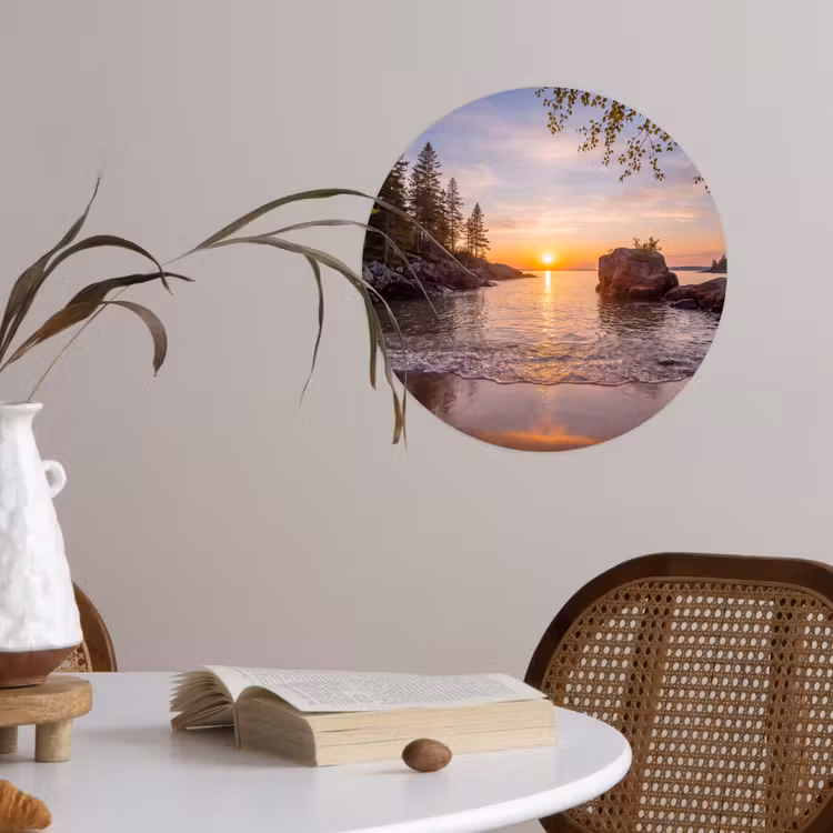 Zonsondergang - Kust - Water - Natuur - Oranje Wandcirkel behangsticker klein -sfeer3
