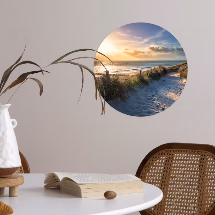 Zonsondergang - Strand - Duin - Gras - Bank Wandcirkel behangsticker klein -sfeer3