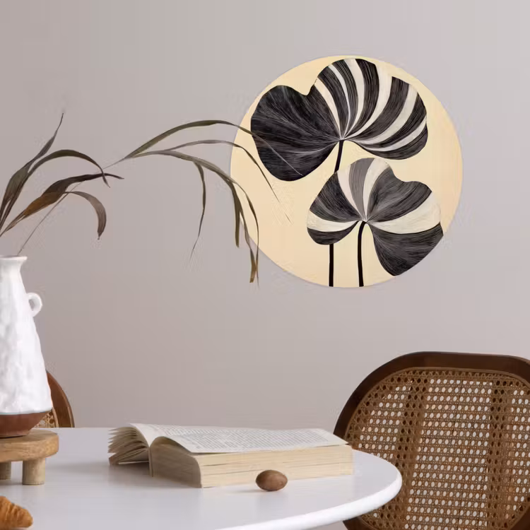 Zwart - Bladeren - Strepen - Minimalistisch Wandcirkel behangsticker klein -sfeer3