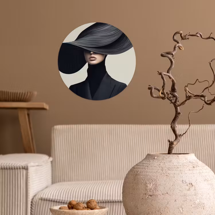 Zwart - Vrouw - Hoed Wandcirkel behangsticker klein -sfeer1