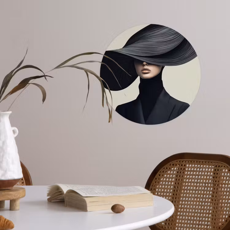 Zwart - Vrouw - Hoed Wandcirkel behangsticker klein -sfeer3