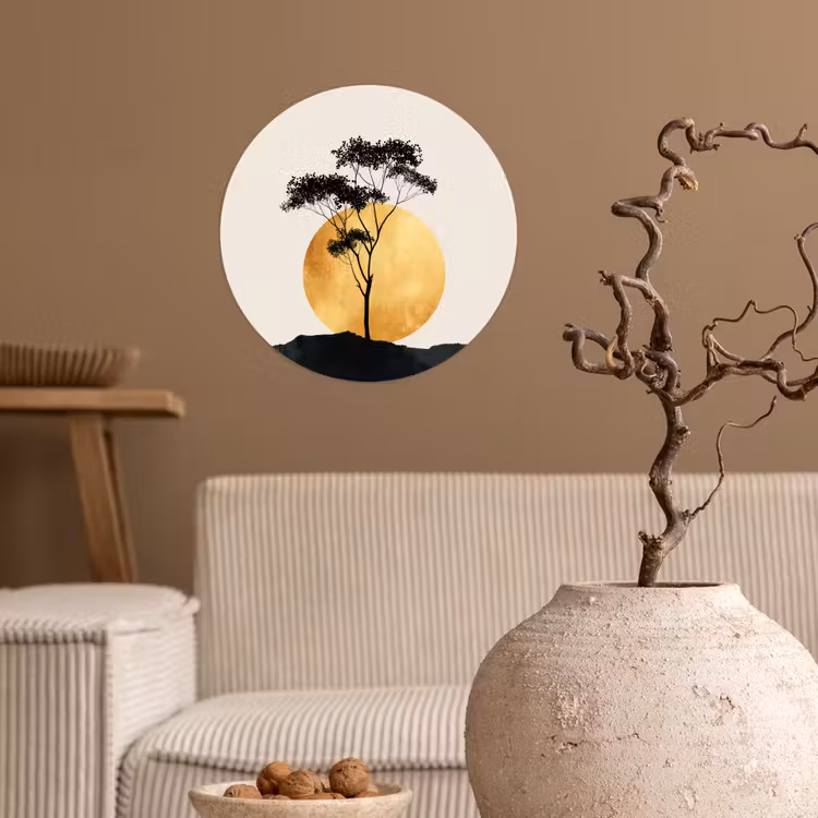Zwarte boom - Gouden cirkel - Heuvel Wandcirkel behangsticker klein -sfeer1