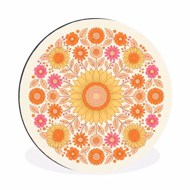 Bloemen - Mandala - Patroon - Kleurrijk Wandcirkel aluminium klein -3d