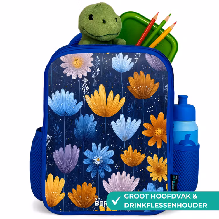 Bloemen op een donkerblauwe achtergrond Kinderrugzak - Blauw middel -inhoud_NL