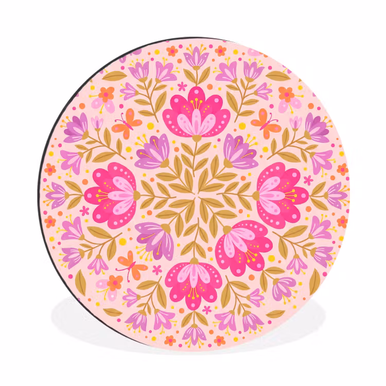 Bloemen - Patroon - Natuur - Abstract - Roze Wandcirkel aluminium klein -3d