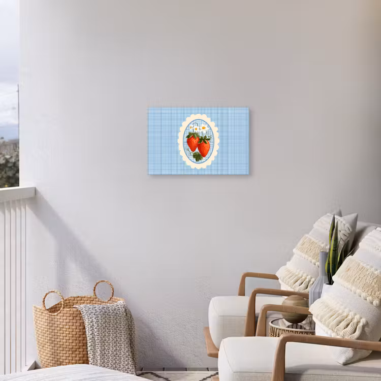 Aardbeien - Lijst - Rood - Geruit Tuinposter op houten frame 2 cm dik klein -sfeer1