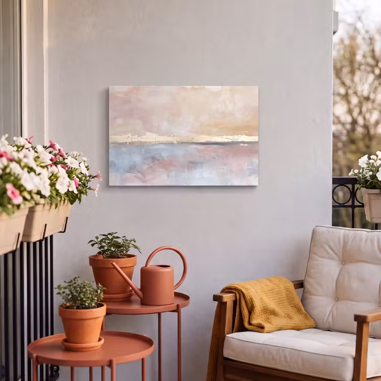 Abstract - Horizontaal - Kunst - Roze - Goud Tuinposter op houten frame 2 cm dik klein -sfeer1
