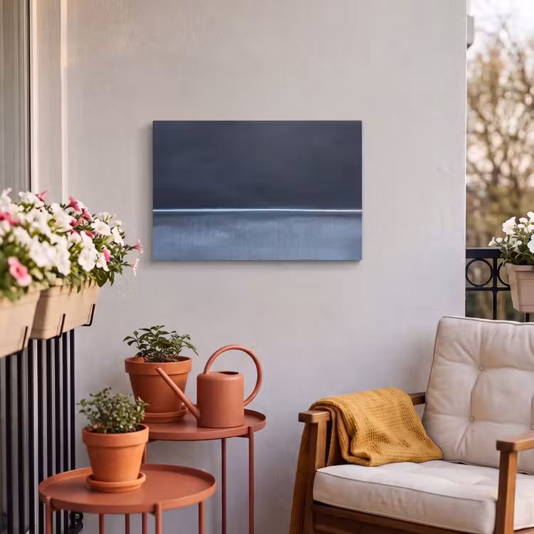 Abstract - Horizontale lijn - Minimalistisch - Donkerblauw - Kunst Tuinposter op houten frame 2 cm dik klein -sfeer1