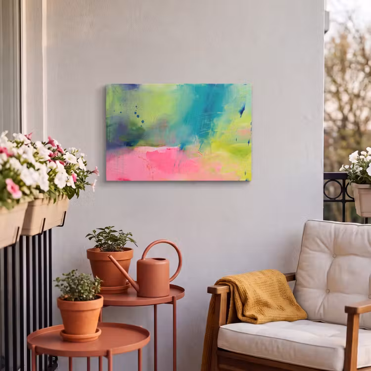 Abstract - Kleuren - Modern - Groen - Roze Tuinposter op houten frame 2 cm dik klein -sfeer1