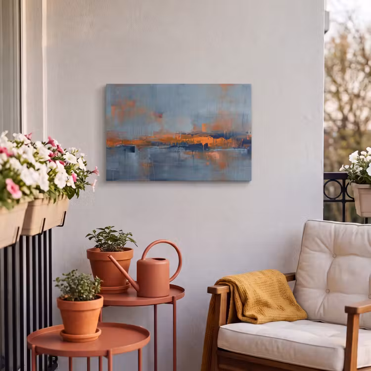 Abstract - Kleuren - Modern - Oranje - Grijs Tuinposter op houten frame 2 cm dik klein -sfeer1
