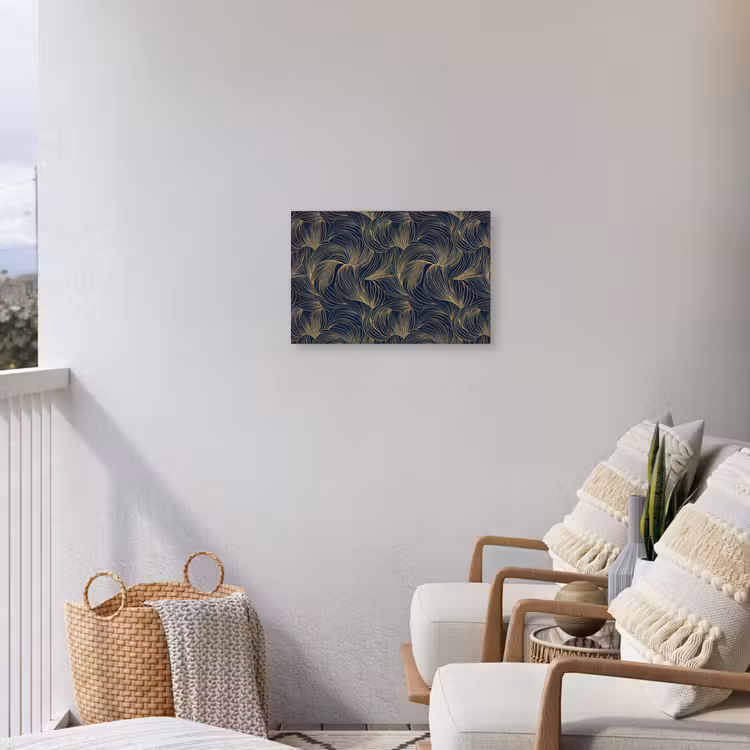 Abstract - Lijnen - Blauw - Goud Tuinposter op houten frame 2 cm dik klein 845 -sfeer1