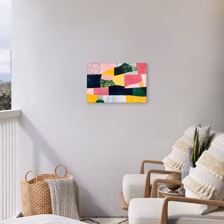 Abstract - Roze - Lappen - Vormen - Geel Tuinposter op houten frame 2 cm dik klein -sfeer1