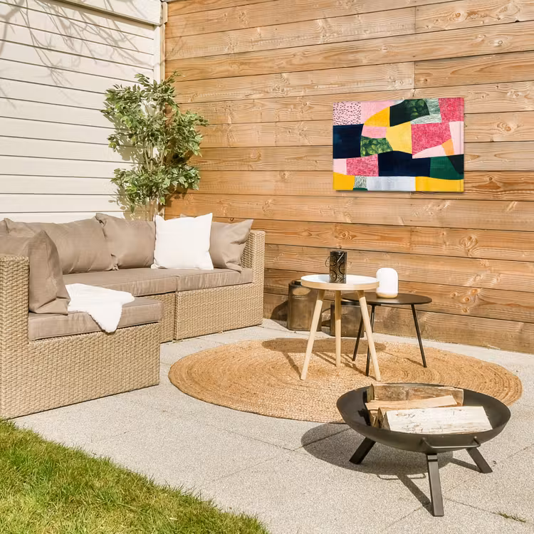 Abstract - Roze - Lappen - Vormen - Geel Tuinposter op houten frame 2 cm dik klein -sfeer2