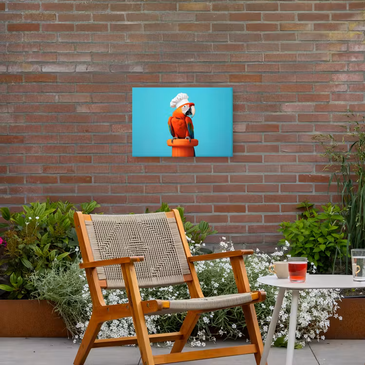 Ara - Koksmuts - Sokkel - Grappig Tuinposter op houten frame 2 cm dik klein -sfeer3