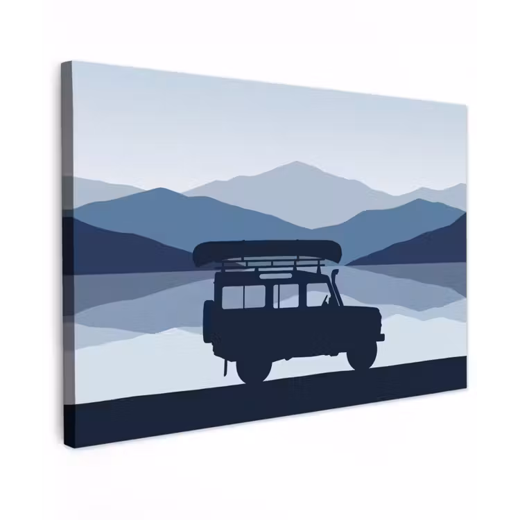 Auto - Meer - Bergen - Blauw Tuinposter op houten frame 2 cm dik klein -3d