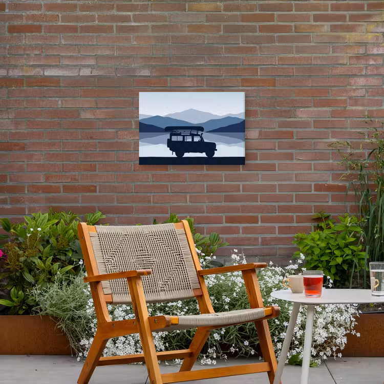 Auto - Meer - Bergen - Blauw Tuinposter op houten frame 2 cm dik klein -sfeer3