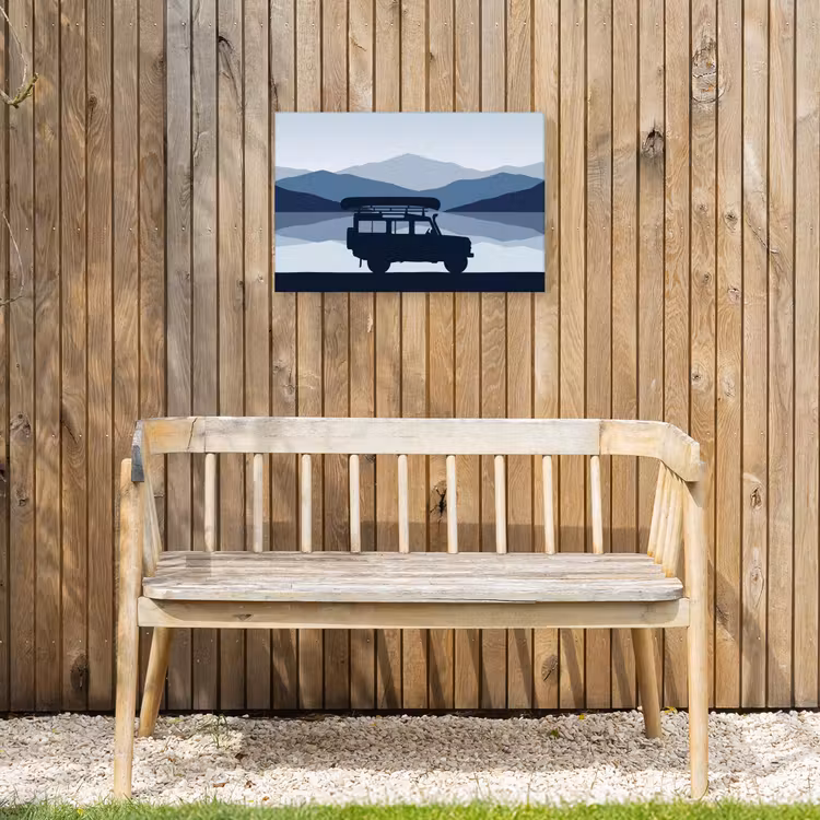 Auto - Meer - Bergen - Blauw Tuinposter op houten frame 2 cm dik klein -sfeer4