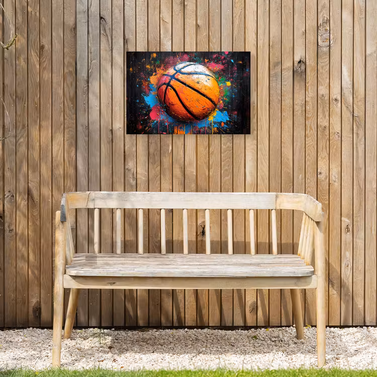 Basketbal in Kleurrijke Spatten Tuinposter op houten frame 2 cm dik klein -sfeer4