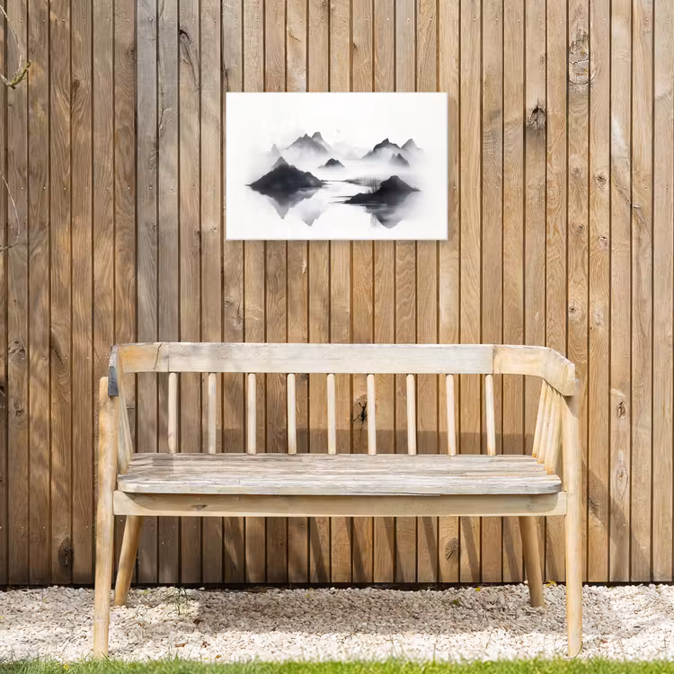 Bergen - Mistig - Water - Wit Tuinposter op houten frame 2 cm dik klein -sfeer4