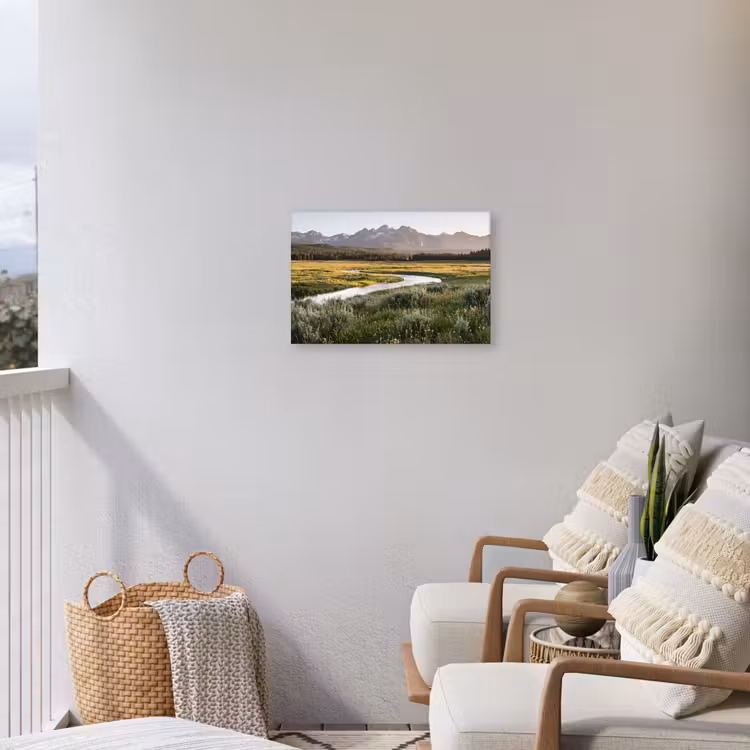 Berglandschap - Rivier - Bos Tuinposter op houten frame 2 cm dik klein -sfeer1
