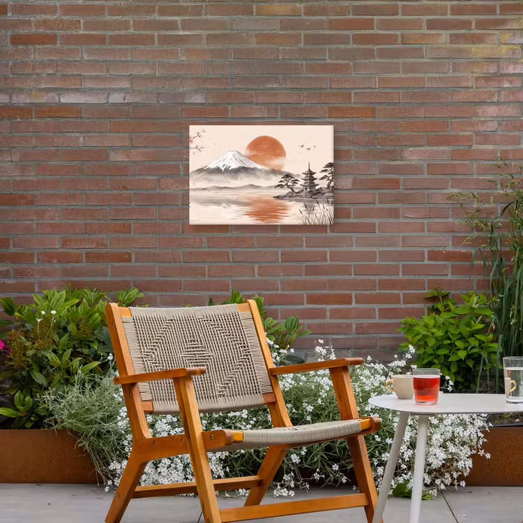 Bergtop - Meer - Bloesem Tuinposter op houten frame 2 cm dik klein -sfeer3