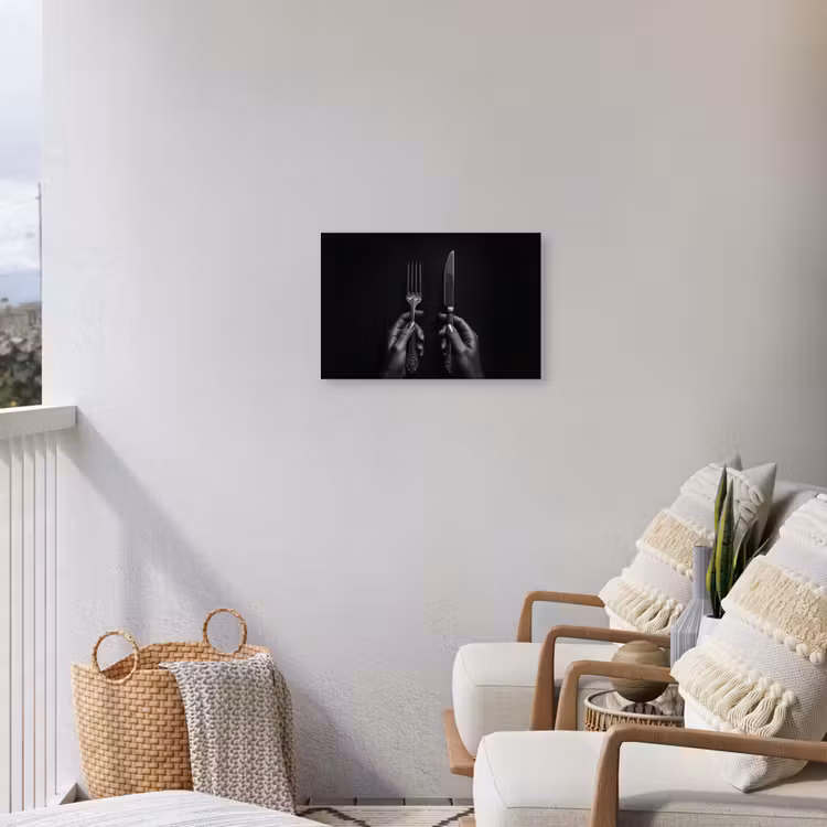 Bestek - Zwart - Wit Tuinposter op houten frame 2 cm dik klein -sfeer1