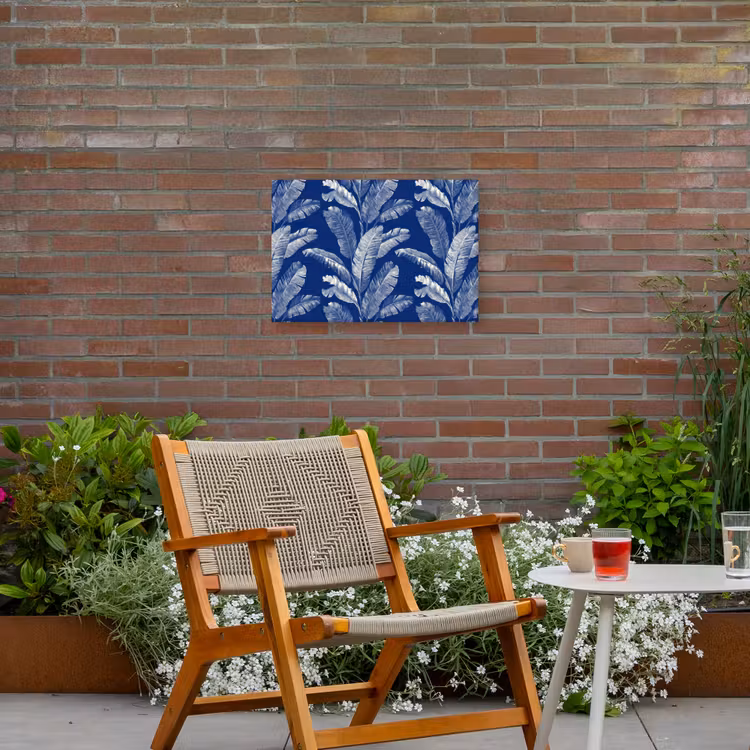 Blad - Palm - Blauw Tuinposter op houten frame 2 cm dik klein 845 -sfeer3