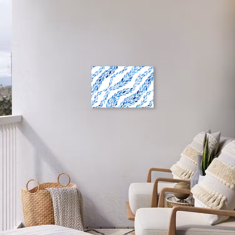 Bladeren - Aquarel - Patroon - Modern - Blauw Tuinposter op houten frame 2 cm dik klein -sfeer1