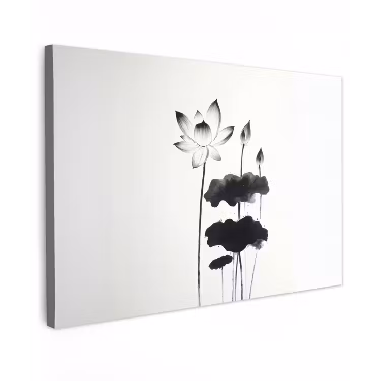 Bladeren - Zwart - Lotusbloem - Minimalitisch Tuinposter op houten frame 2 cm dik klein -3d