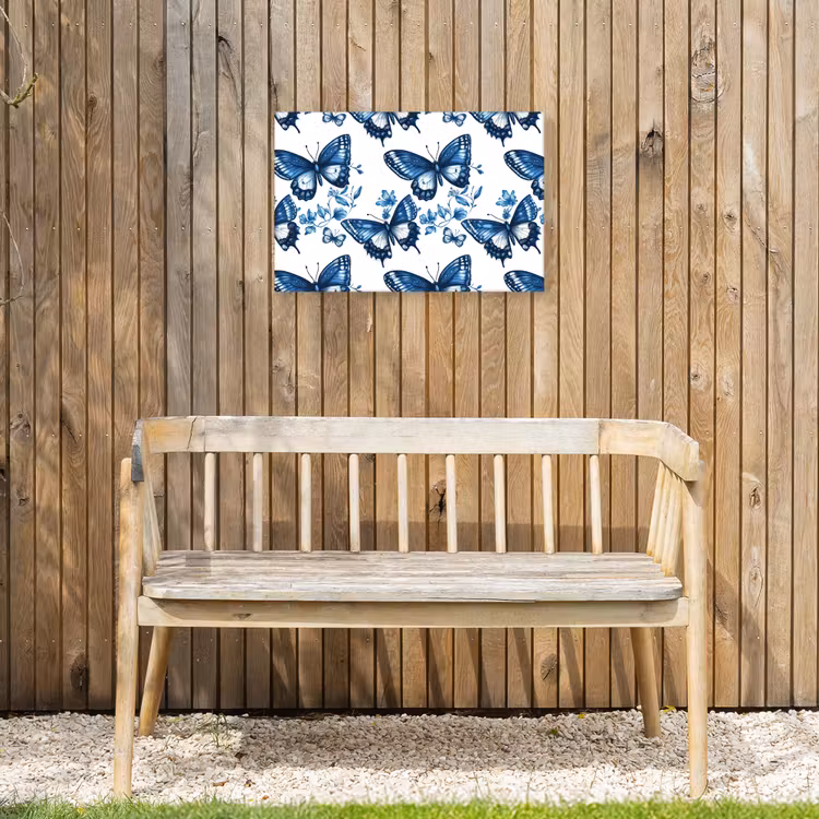 Blauw - Vlinders - Bloemen - Wit Tuinposter op houten frame 2 cm dik klein 845 -sfeer4