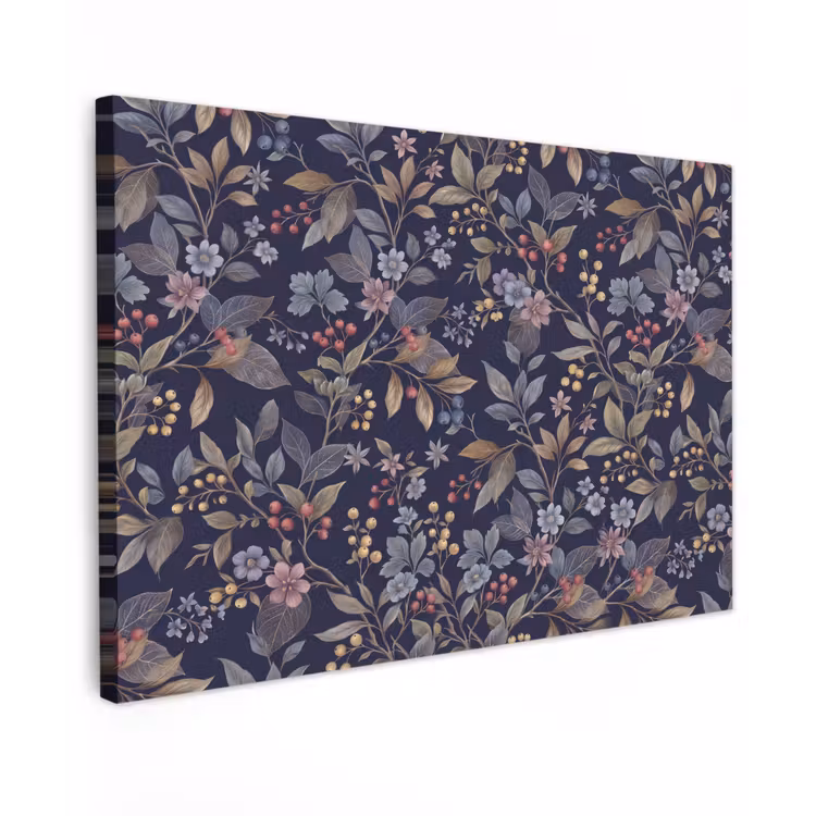 Bloemen - Bladeren - Patroon - Botanisch - Donkerblauw Tuinposter op houten frame 2 cm dik klein -3d