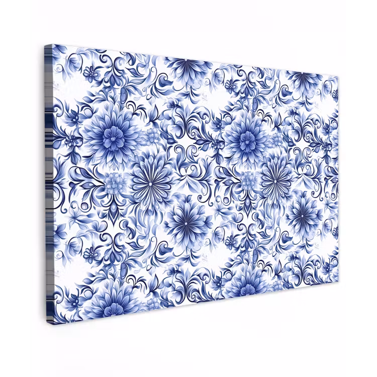 Bloemen - Blauw - Patroon - Wit Tuinposter op houten frame 2 cm dik klein 845 -3d