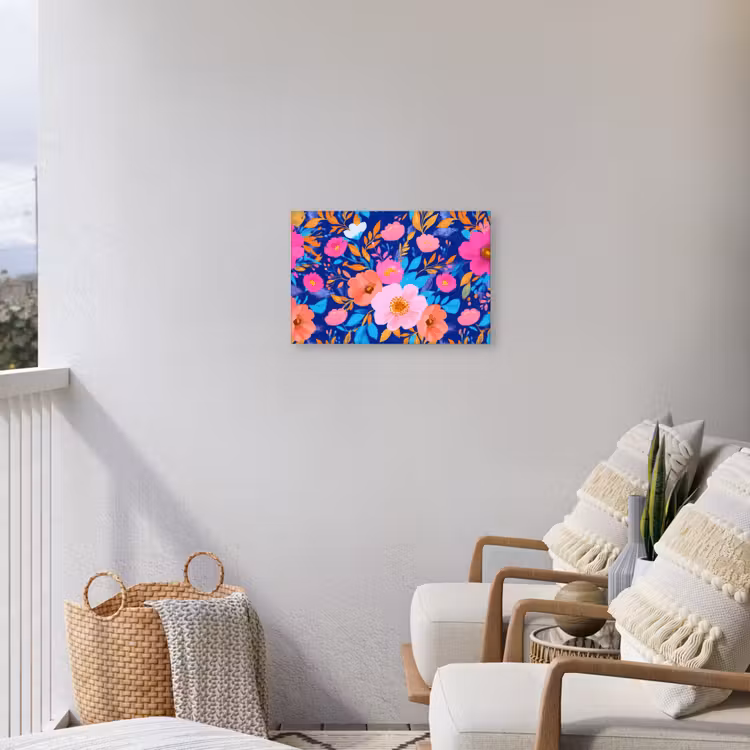 Bloemen - Blauw - Roze Tuinposter op houten frame 2 cm dik klein -sfeer1