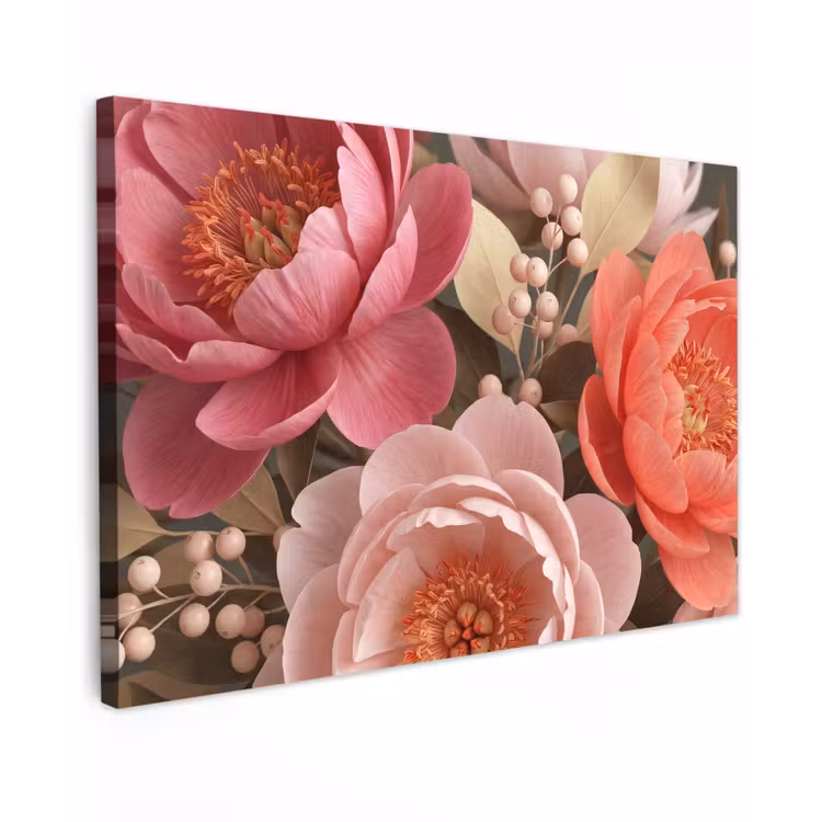 Bloemen - Bloesem - Zacht - Koraal - Decoratie Tuinposter op houten frame 2 cm dik klein -3d