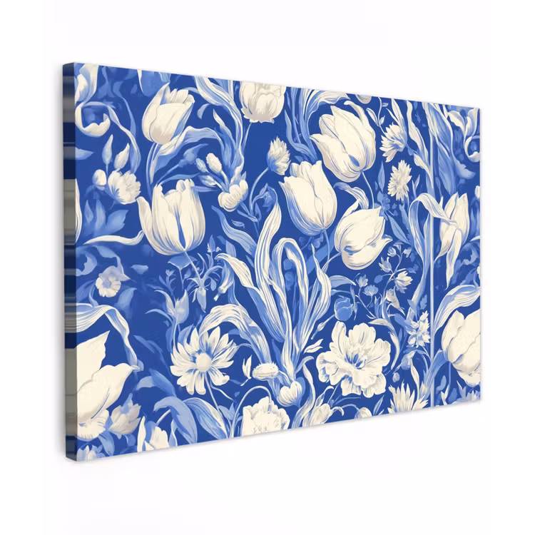 Bloemen - Delfts Blauw - Patroon - Tulp Tuinposter op houten frame 2 cm dik klein -3d
