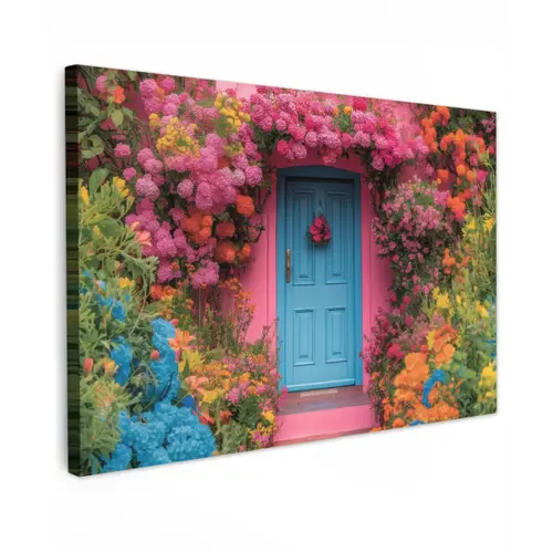 Bloemen - Deur - Roze Tuinposter op houten frame 2 cm dik klein -3d